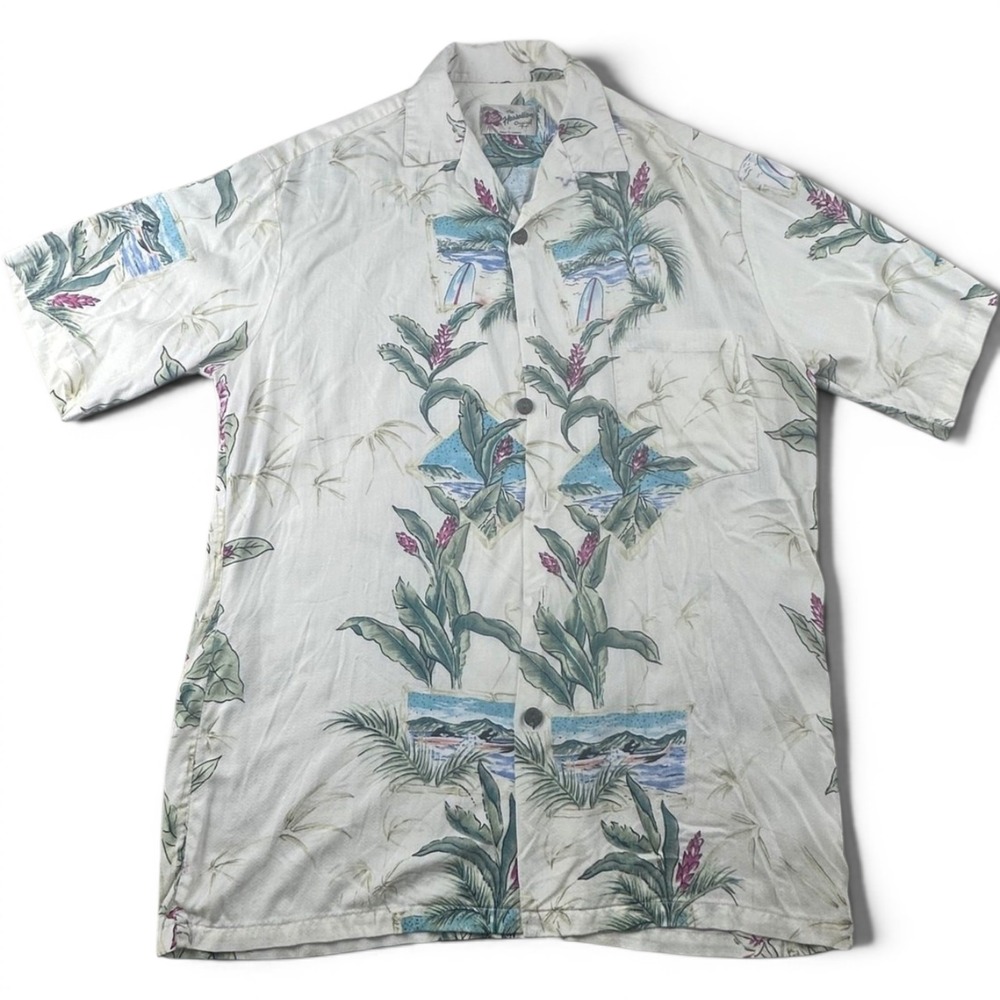 Hilo Hattie Shirt Men S Multi Color‎ Regular Fit Floral Surfboard Beach Scene